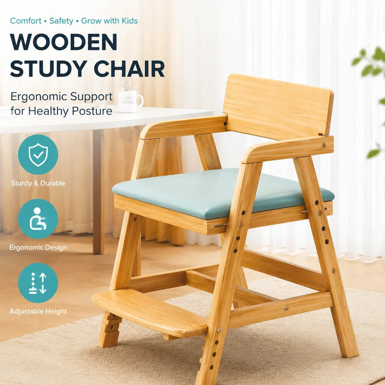 Adjustable Wooden High Chair for Babies – Convertible Feeding Seat with Multi-Height Settings