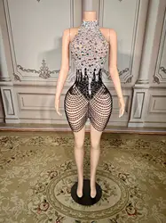 Luxurious Full Rhinestones Short Dress for Women Evening Prom Celebrate Dress Sexy Mesh Transparent Singer Show Stage Wear