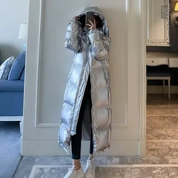 Silver Glossy Down cotton Jacket 2024 Winter New Korea Loose Hooded Coat Thicken Parkas Windproof female casual long overcoat