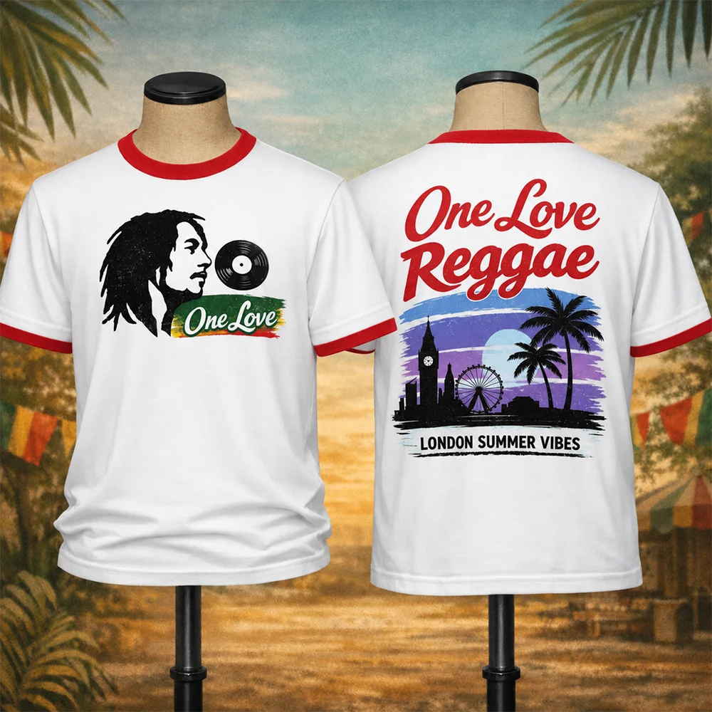 One Love Reggae Eltern-Kind Unisex T-Shirt im Vintage Bob Marley Stil London Summer Vibes Atmungsaktives Ringer-Kurzarm-Outfit – Detail 5