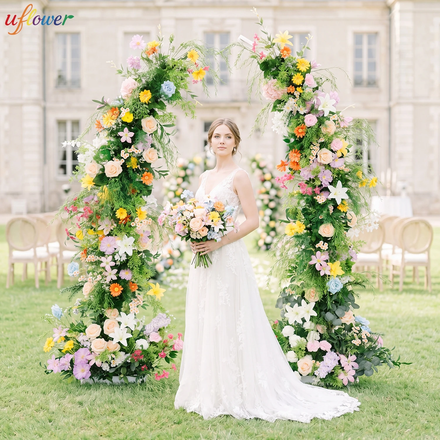 

Outdoor Wedding Arch Flower Luxury Colorful Silk Flower Arch Swag Set with Rose Daisy Orchid for Wedding Ceremony Backdrop Decor