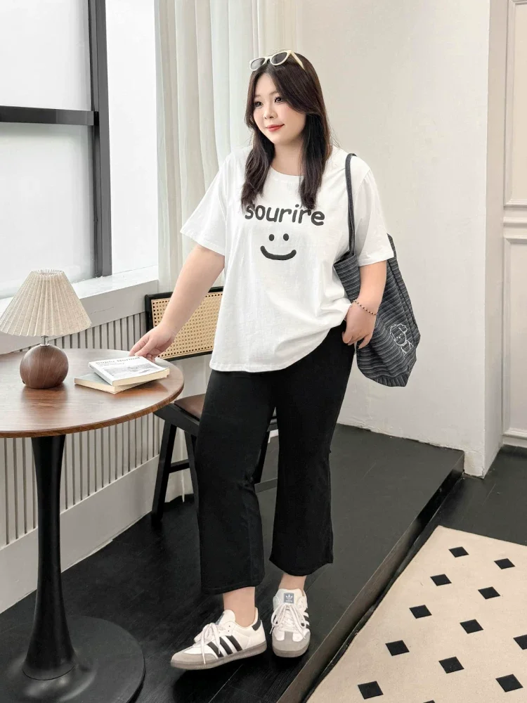 

2025 Plus size women's clothing trendy brand smiley face T-letter printing loose T-shirt round neck short-sleeved summer top