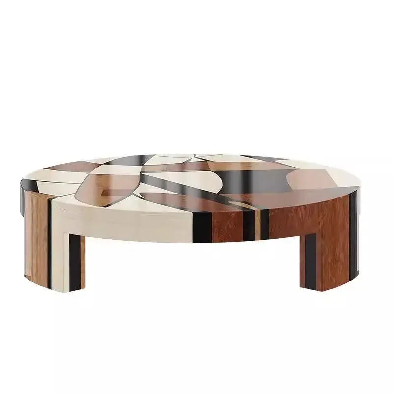 Round household small apartment living room modern light luxury natural veneer parquet round table medium  tea table