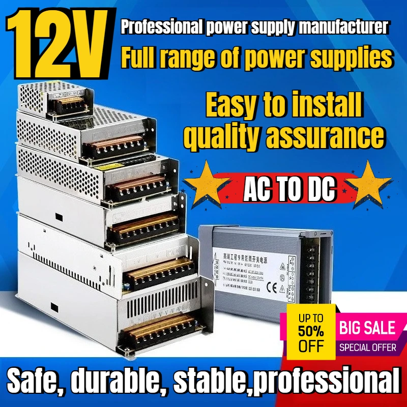 

Switching Power Supply, 220V To 12V, 5/10/20/30/40A DC LED Monitoring Light Box Lighting Power Transformer