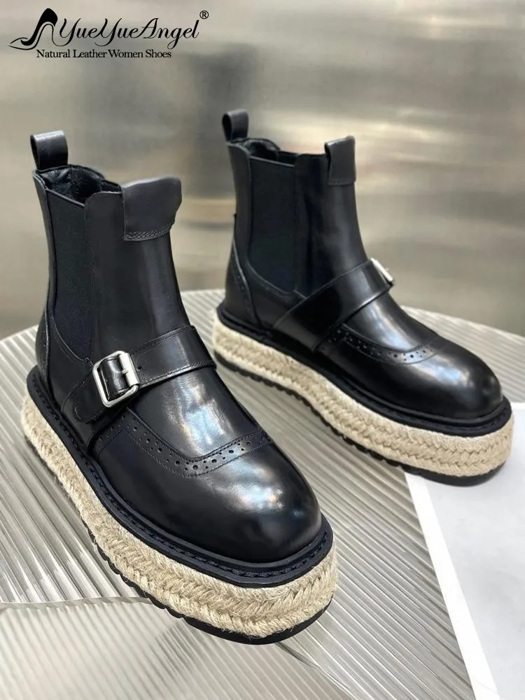 Retro British Genuine Leather Round Toe Elastic Band Ankle Boots Solid Color Cowhide Ladies Hard Wearing Platform Footwear