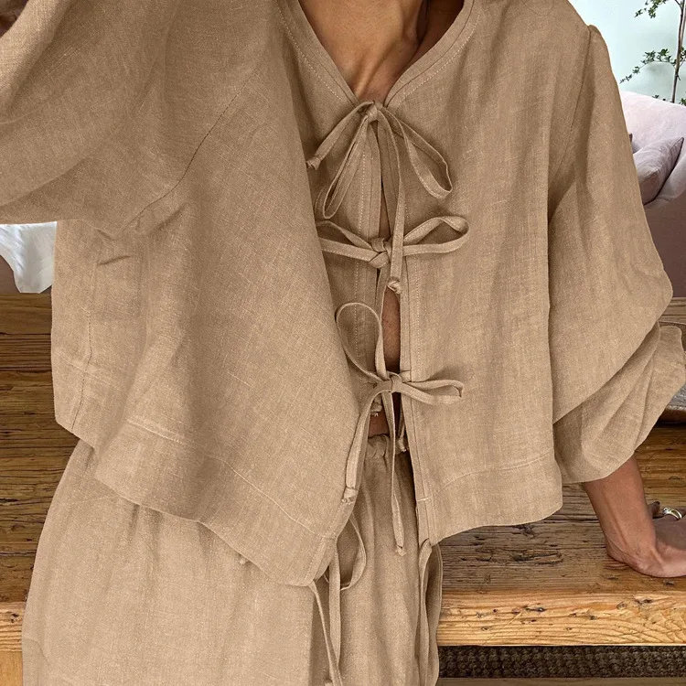 

Women's Summer Casual irt Skirt Set Bubble Sve Long Sve round Ne Button Closure Long Pants Faionable Two-Piece Suit