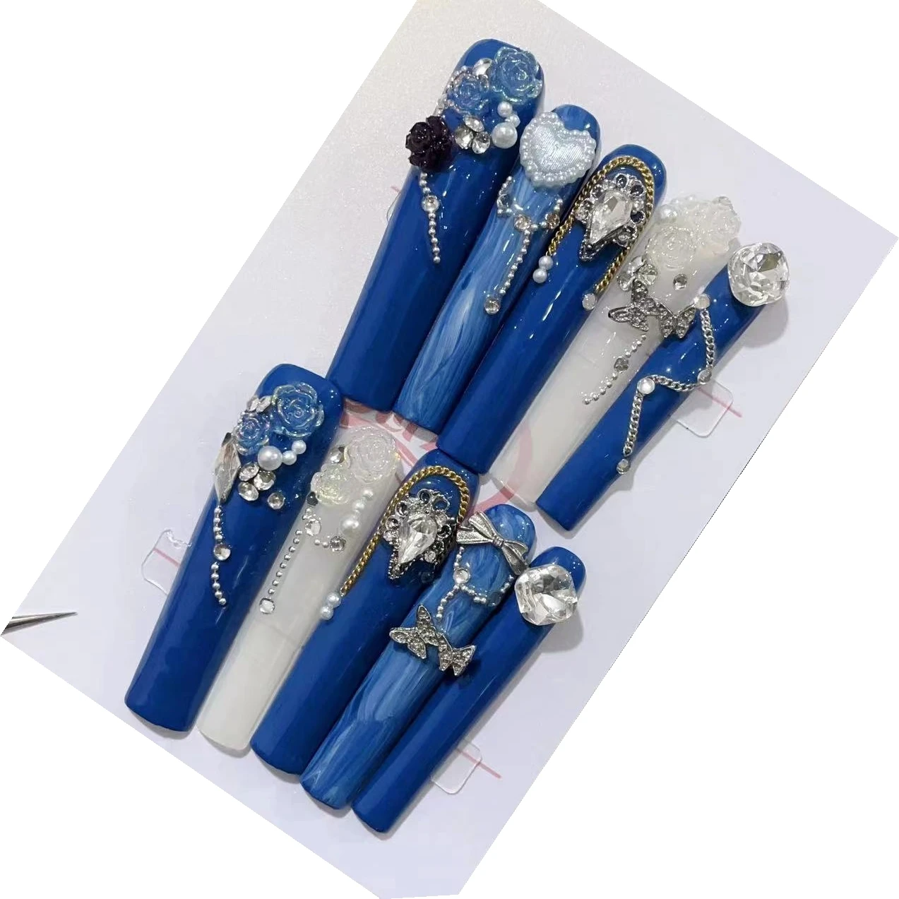 Blue Feather Enchantment Heavy-Duty European-American Handmade Press On Nails,Reusable High-Quality Luxurious Extend Whitening.