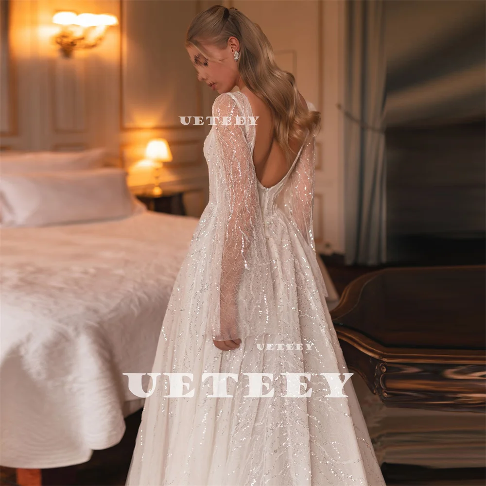 UETEEY Customized Luxury Shiny Lace O Neck A Line Wedding Dress Long Sleeves Zipper Back High Side Slit Court Train Bridal Gown