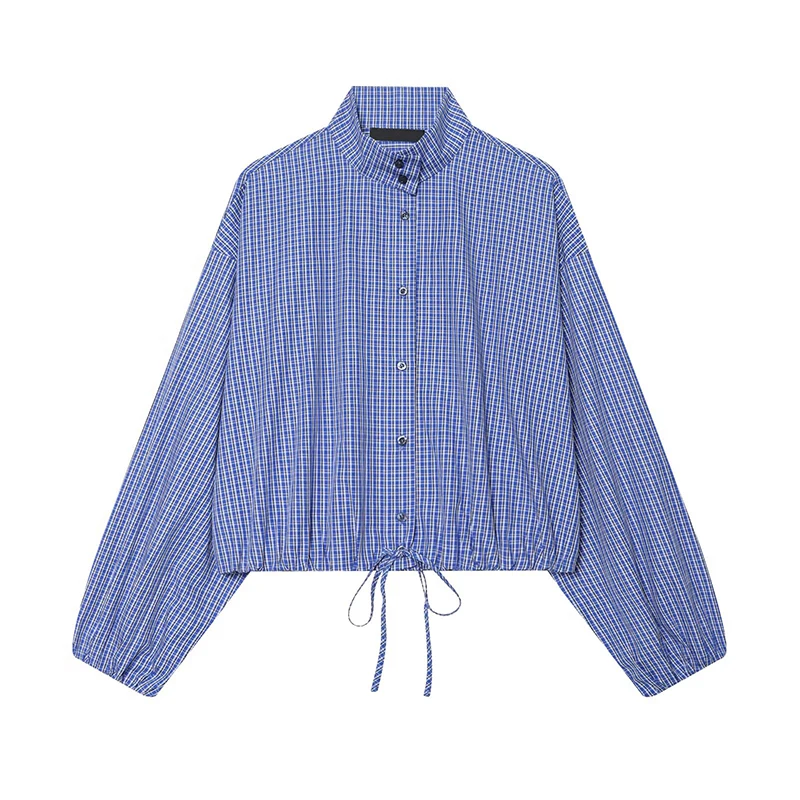 

YENKYE Spring 2026 Short Plaid Shirt Women Long Sleeve High Neck Drawstring Waist Casual Vintage Blouse For Daily Office