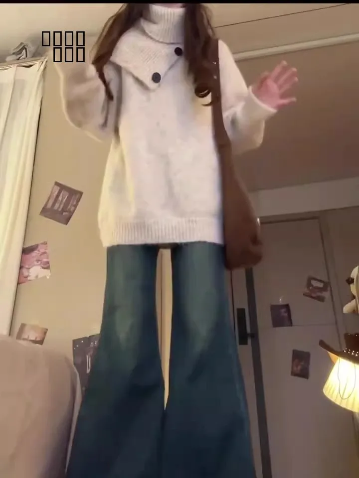 한국 고급 레이지 스타일 여성용 하이 칼라 스웨터 2025 가을 겨울 탈부착 가능한 스카프 니트웨어 탑 세트