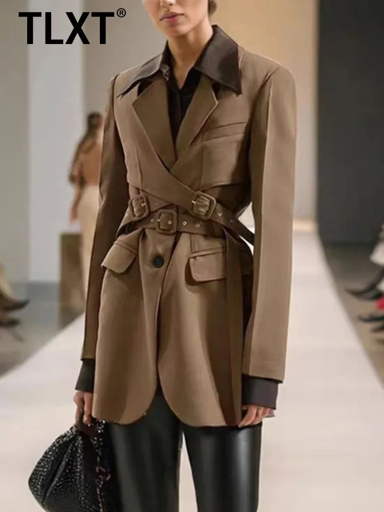 

TLXT женский коричневый элегантный длинный пиджак с поясом и карманами, новая куртка с лацканами и длинными рукавами, модная весна-осень 2024, XK1095