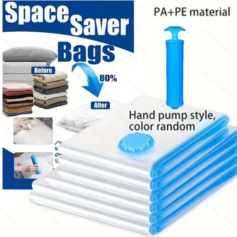 مجموعة أكياس ضغط مفرغة مكونة من 4/6/9 قطع مع مضخة يدوية، معبأة بشكل فردي. مجموعة ذات سعة كبيرة ومتعددة الحجم للسفر، Space-sa