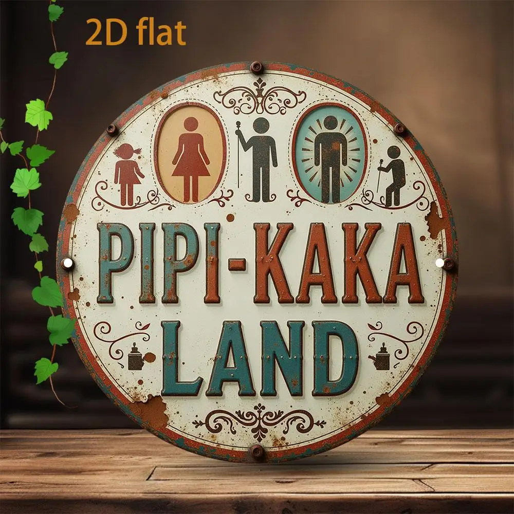 2D flaches 1-teiliges rundes Holzschild im Retro-Stil „PIPI-KAKA LAND“ mit Geschlechtssymbolen, perfekte Badezimmerdekoration