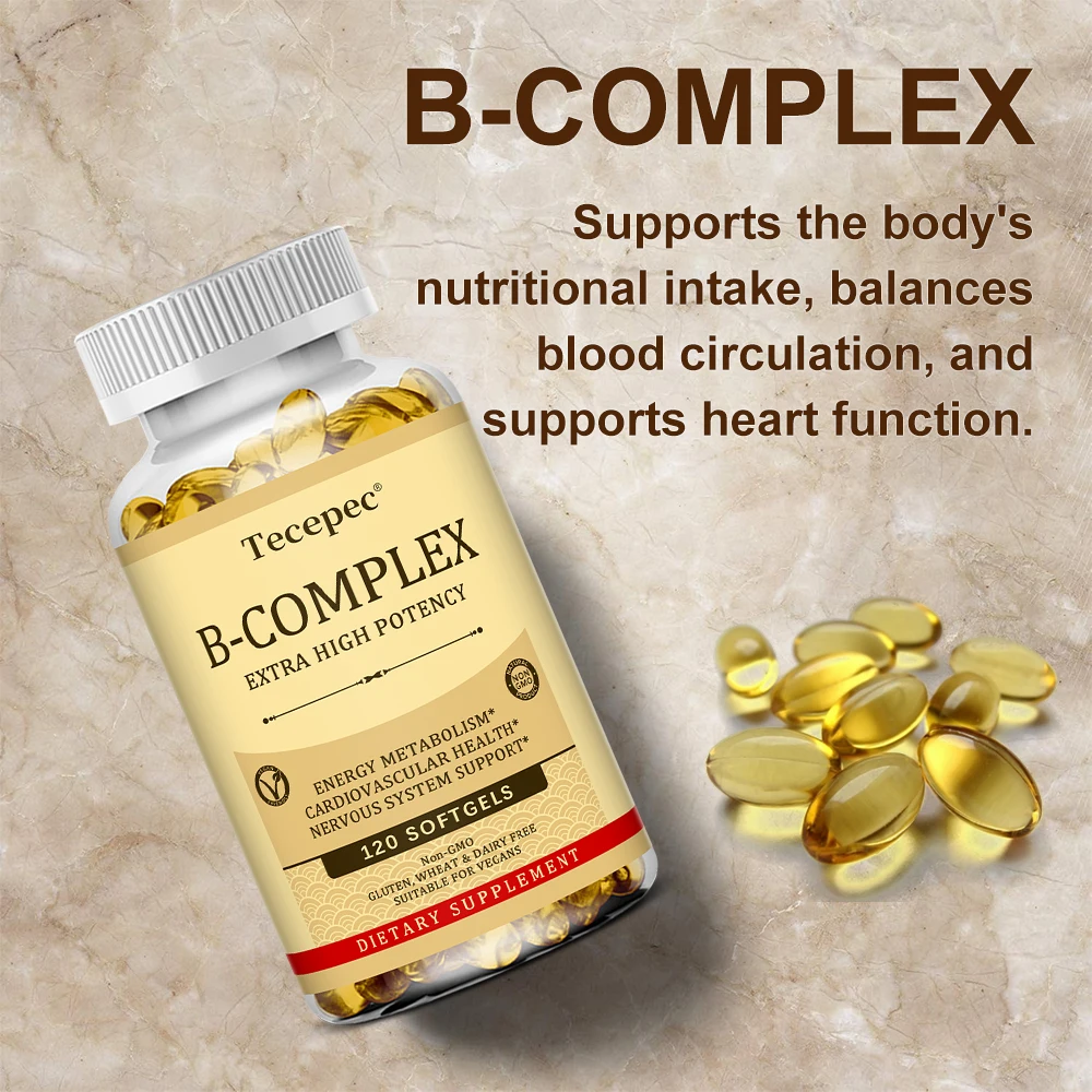 مكملات فيتامين Tecepec B-complex (B12 B1 B2 B3 B5 B6 B9 حمض الفوليك والبيوتين)، كبسولات هلامية لدعم المناعة والطاقة، غير وراثيًا