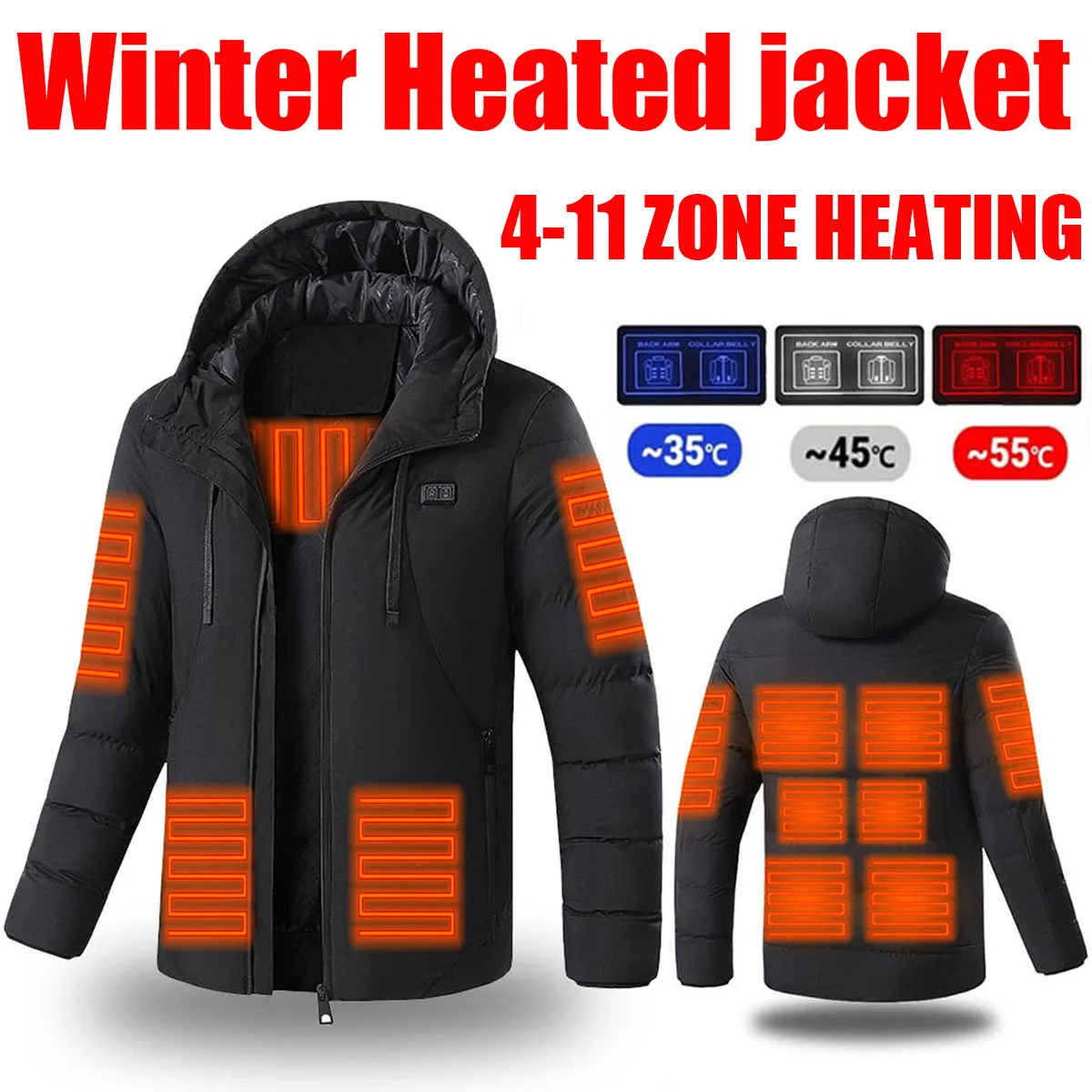 

Heated Jacket, USB Intelligent Dual Control Switch 4-11 Zone Heated Jacket, Men's Women's Warm Cotton Jacket with Removable Hood