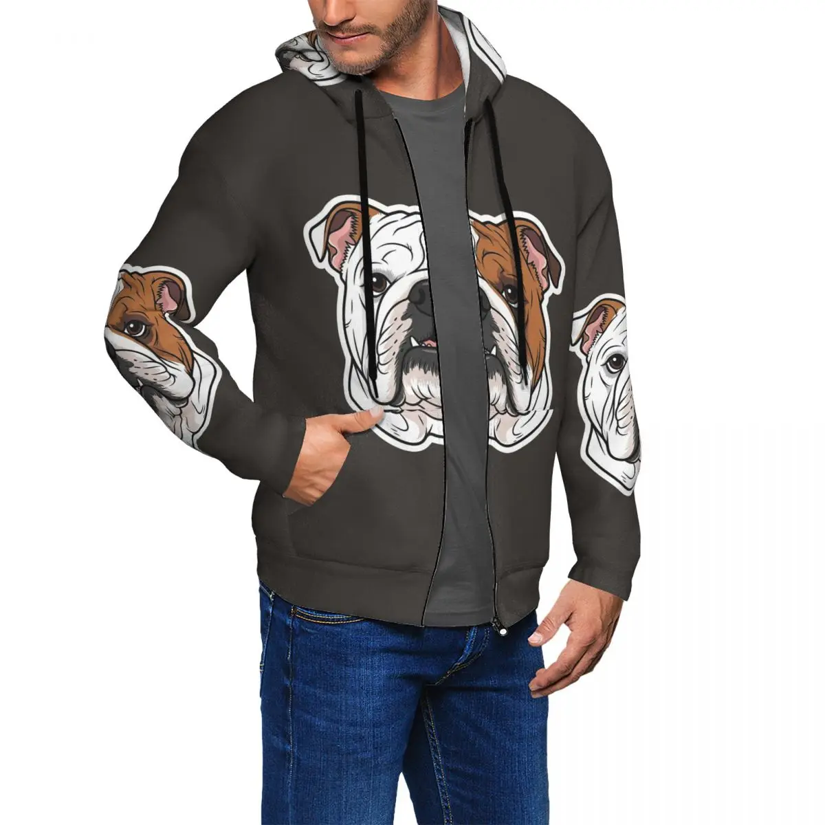 British English Bulldog Dog Face Nose Cute Zipper Hoodies Hip Hop Pullover Autumn Winter Men Women Sweatshirts Long Sleeve Tops