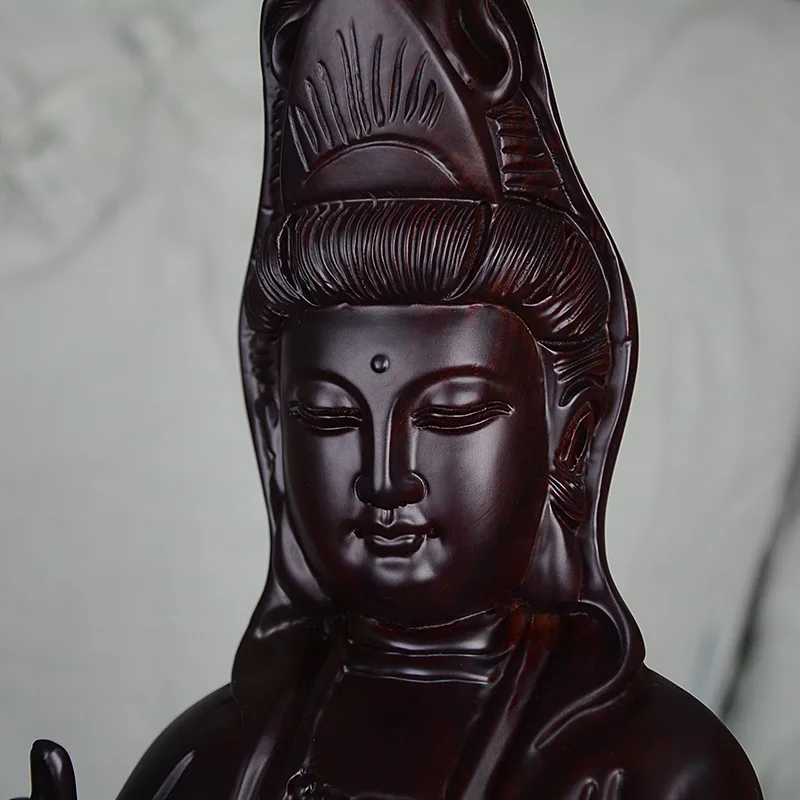 Black Ebony Wood Sculpted Guanyin Buddha Image Solid Wood Ruyi Guanyin With Lotus For Buddhist Offering Home Feng Shui Art