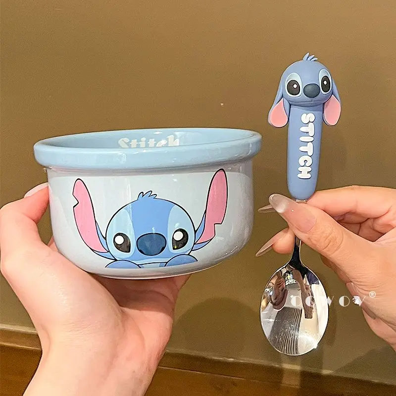 Mangkuk Nasi Keramik Seri Stitch Baru Disney Mangkuk Sup Rumah Tangga dengan Sendok Peralatan Makan Dapur Mangkuk Makanan Pendamping Anak-anak