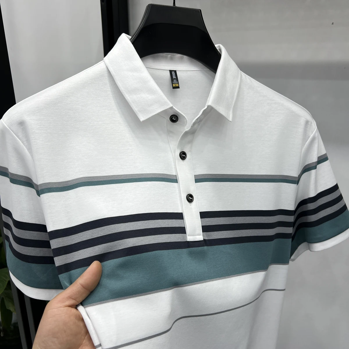 Trendy new contrasting striped POLO lining men's short sleeved quick drying high-end light luxury business casual lapel T-shirt