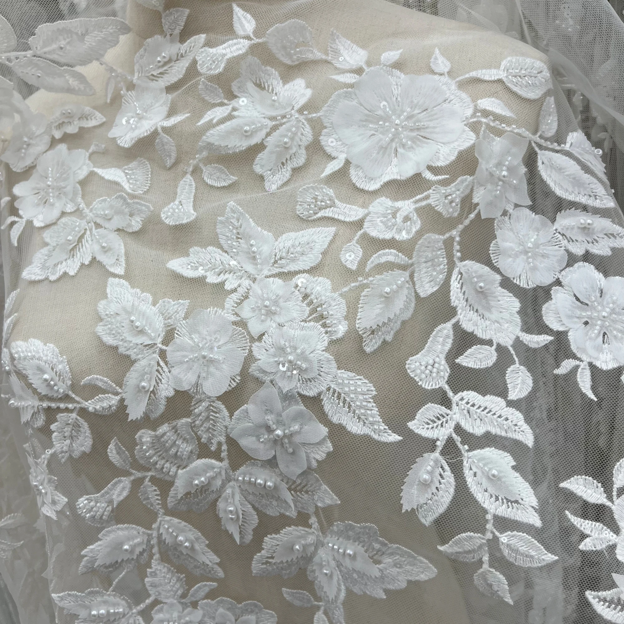 

New cotton-feel delicate 3D sequin bead embroidery high-end wedding dress custom gown lace fabric