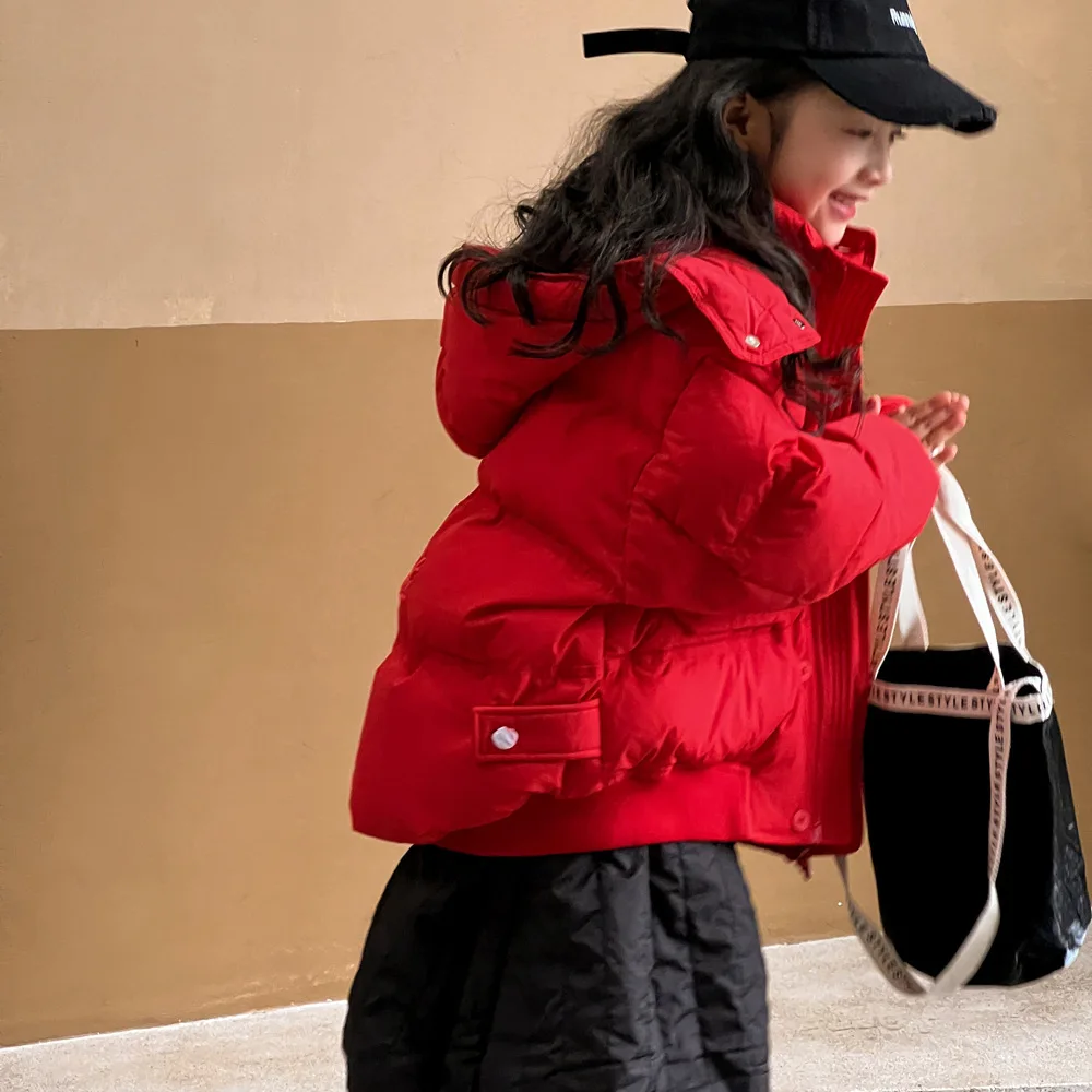 Girls Down Jacket Winter 2024 New White Duck Down Children Red Coat Winter Clothing Korean Simple Style Fashion Down Clothes