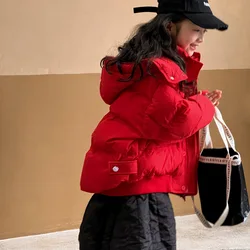 Girls Down Jacket Winter 2024 New White Duck Down Children Red Coat Winter Clothing Korean Simple Style Fashion Down Clothes