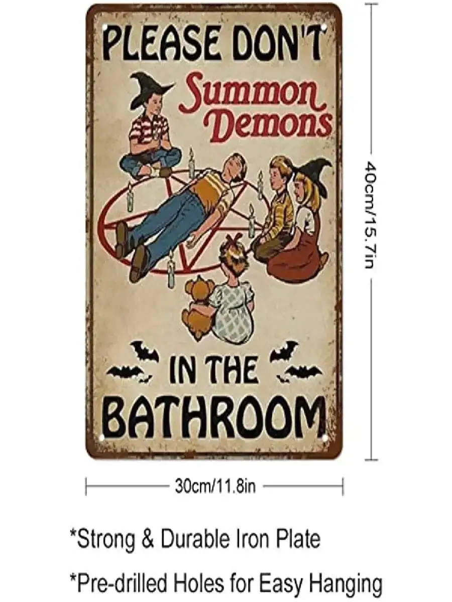 Vintage Dont Summon Demons in The Bathroom Metal Tin Sign Retro Halloween Wall Decor Poster Print