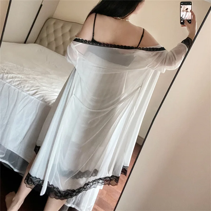 Plus Size 4XL Female Nighty&Robe Set Sleepwear Sexy Patchwork Lace Nightgown Nightwear Loose Satin Home Dressing Gown Loungewear