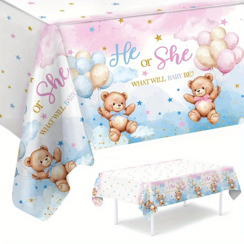 1pc, Gender Revealing Tablecloth, 86.61*51.18inch, Blue Pink Bear Disposable Plastic Tablecover, Baby Shower Party Decoration, H