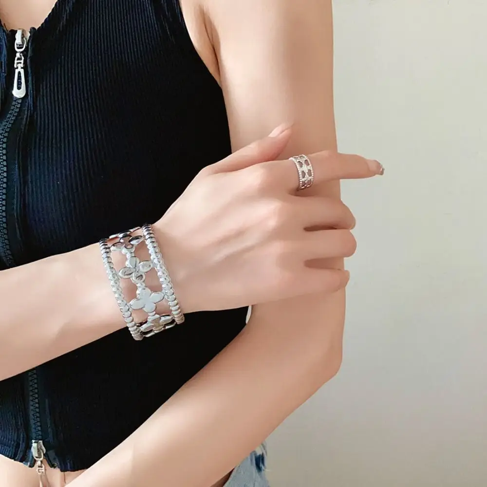 Exquisite Flower Cuff Bangle Clover Shaped Flora Design Hollow Flower Bangle Casting Technique Wide Cuff Open Bracelet