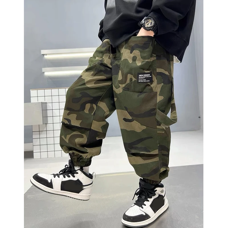 Spring Autumn New Boys Causal Cargo Pants Camouflage Print Loose Sports Pants For 5 6 8 10 12 14 Years Teen Boys Cotton Trousers