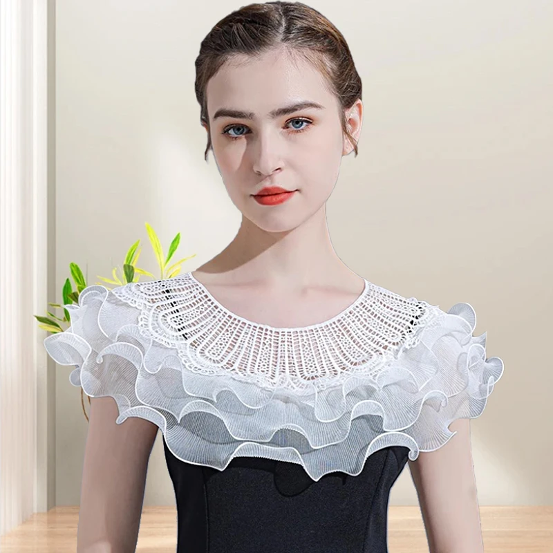 

Women Party Ruffle Fake Collar Shrug Wraps Lace Shawl Hollow Out Mesh Cape Elegant Dresses Lady Wedding Pure Color Pullover Shaw