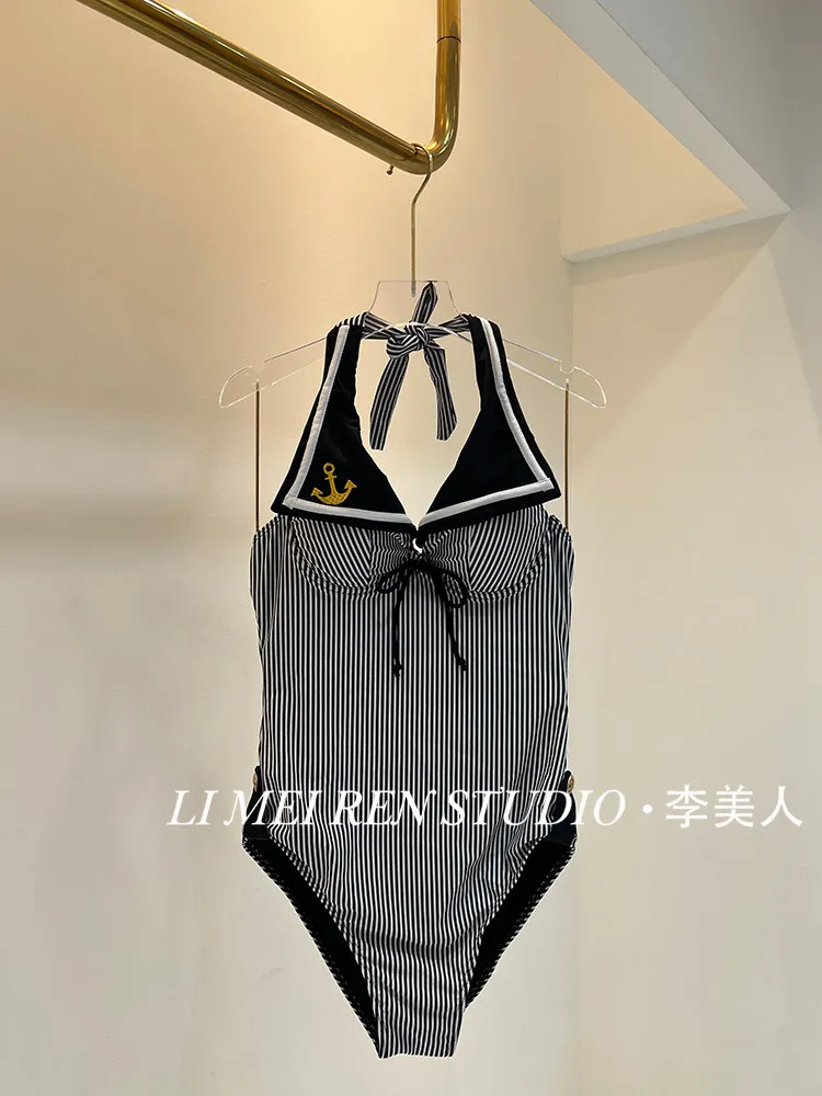 New Navy striped lapel steel holder bikini one-piece swimsuit for women