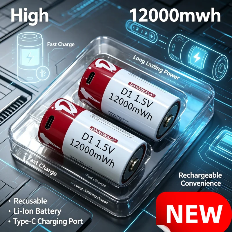 D Size 1.5V USB Rechargeable Lithium Battery 12000mAh for Flashlights Water Heaters Gas Stoves Toys