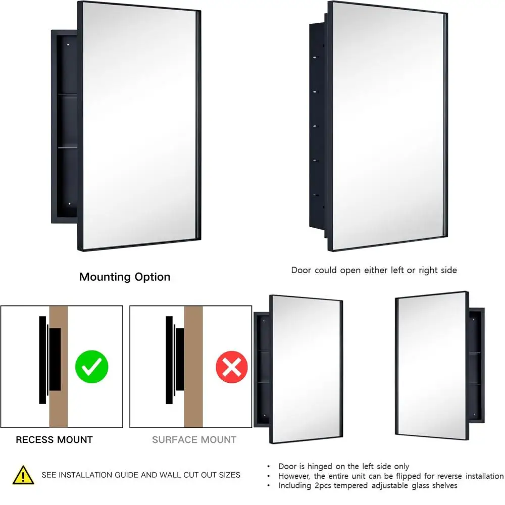 

Matte Black Square Rectangle Bathroom Medicine Cabinet with Mirror and Black Metal Frame, 16x26 Inches