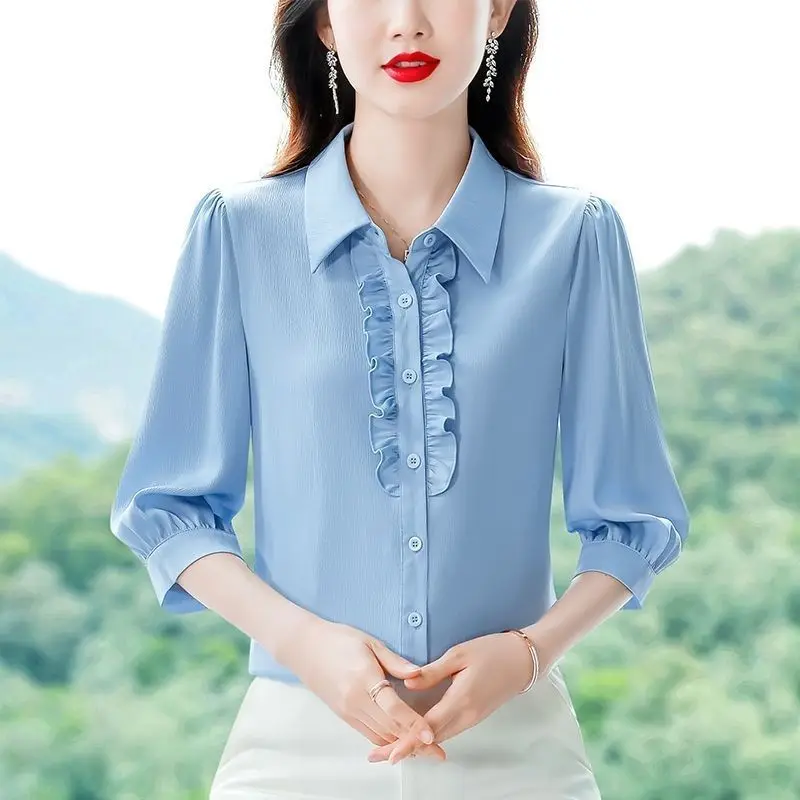 2024 Summer Women\'s Casual Fashion Elegant Commuter Lapel Solid Color Wooden Ear Button Western Versatile 3/4 Sleeve Short Shirt