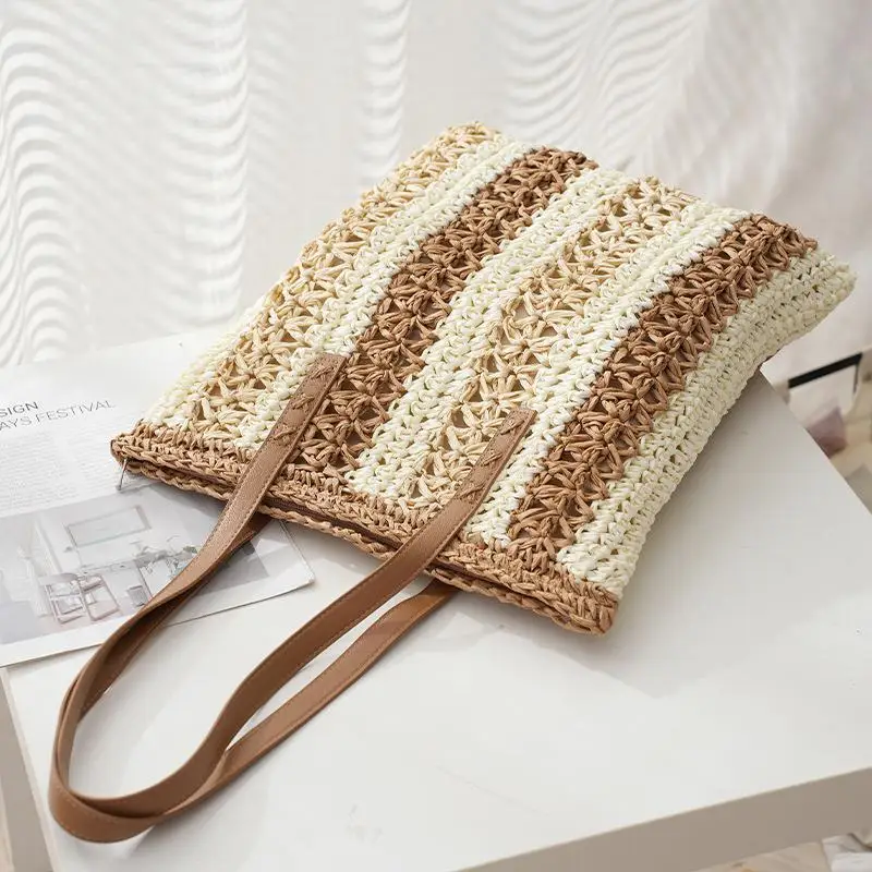 Summer Handmade Bags for Women Beach Weaving Ladies Straw Bag Wrapped Beach Bag Square shaped Top Handle Handbags Totes