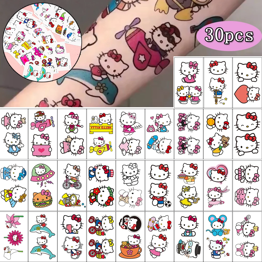 30pcs/Set Sanrio Hello Kitty Temporary Tattoos Stickers Cute Kawaii Anime KT Cat Waterproof Tattoos Sticker for Kids Girls Gifts