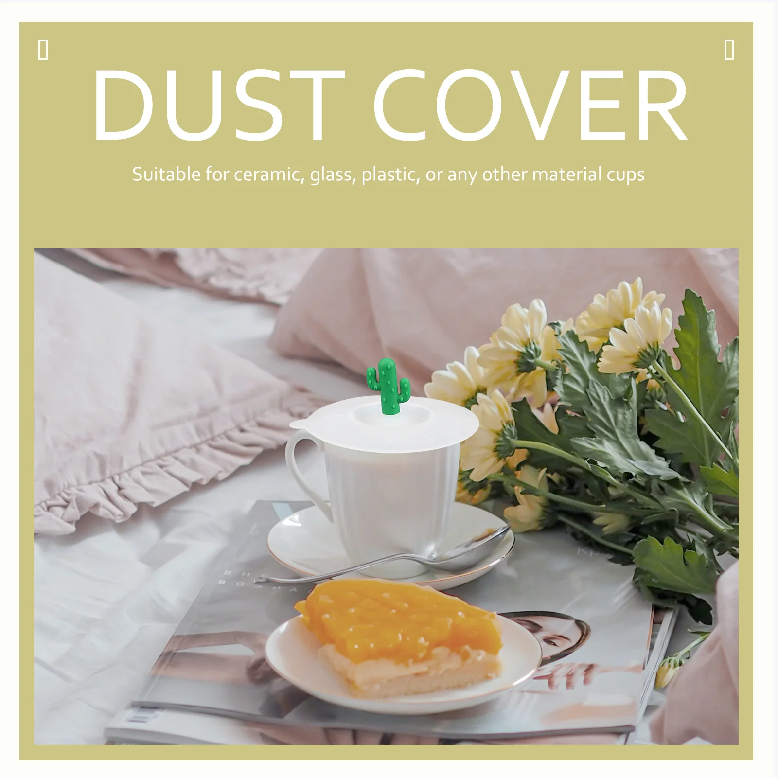 

6Pcs Cartoon Mug Lid Silicone Cover Set Dustproof Airtight Suction for Cups Reusable Food Grade Cactus Pattern Bpa-Free for Home