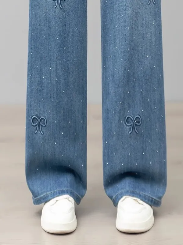 

Джинсы с высокой талией и широкими штанинами, женские весенне-летние новые повседневные прямые брюки с прошивкой, дизайнерские джинсы со стразами