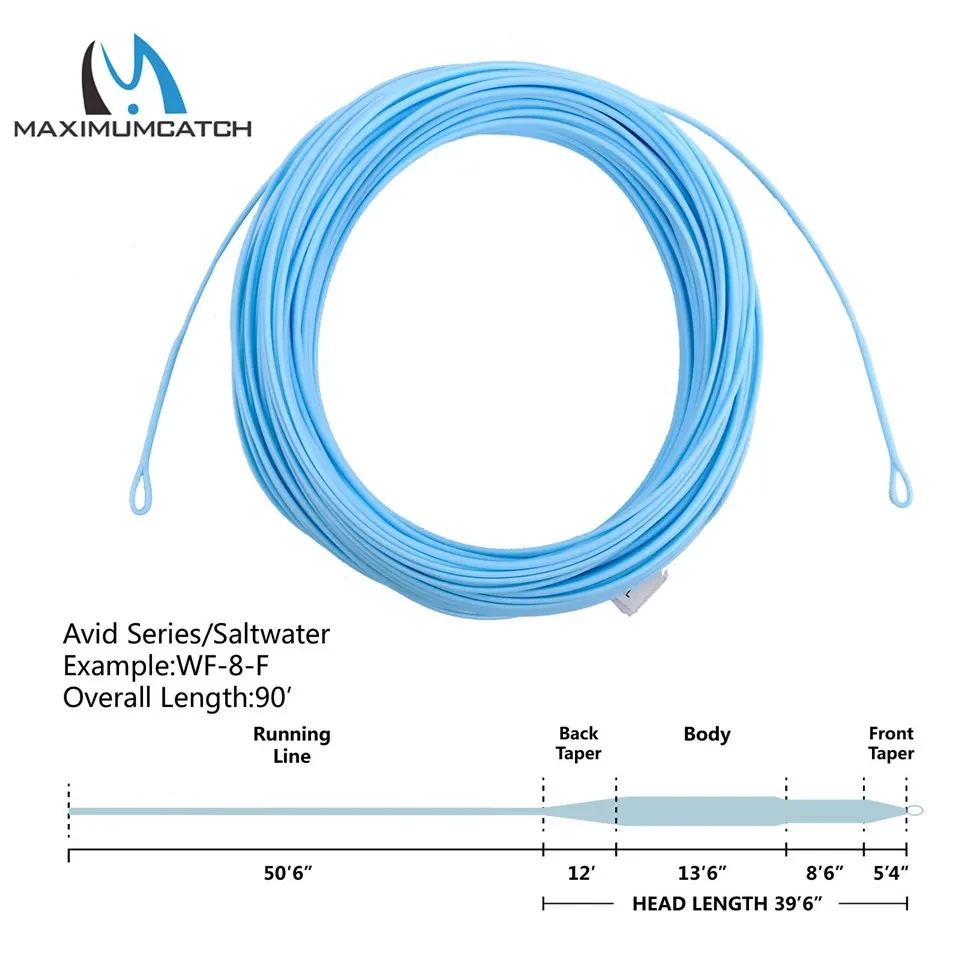 Maximumcatch linha de pesca com mosca de água salgada 90 pés 8wt/9wt/10wt 2 laços soldados linha de pesca com mosca flutuante cor azul areia