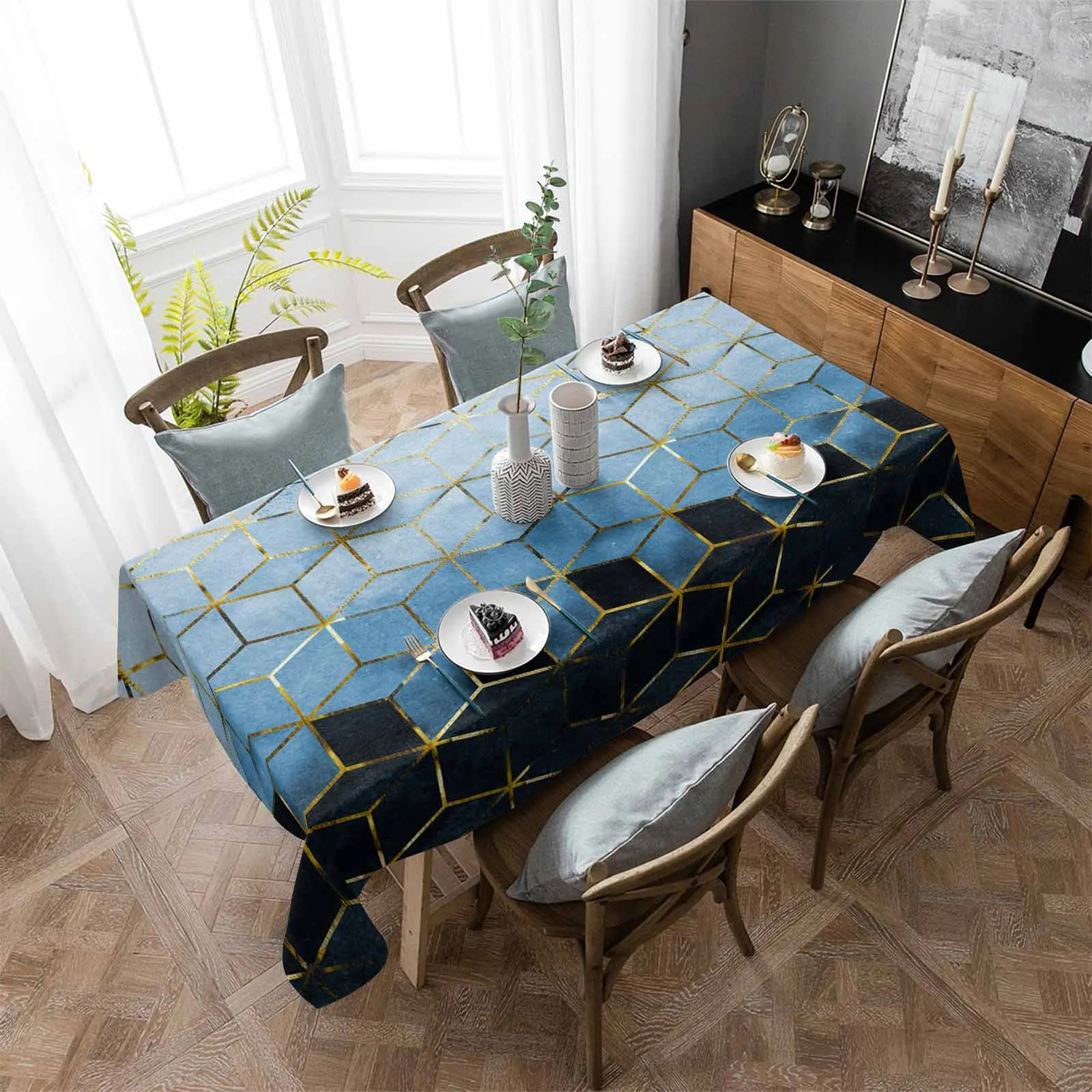 Abstract Art 3D Geometric Patterns In Blue Anti-scalding Waterproof Tablecloth Rectangular Round Table Cover Kitchen Furnishings