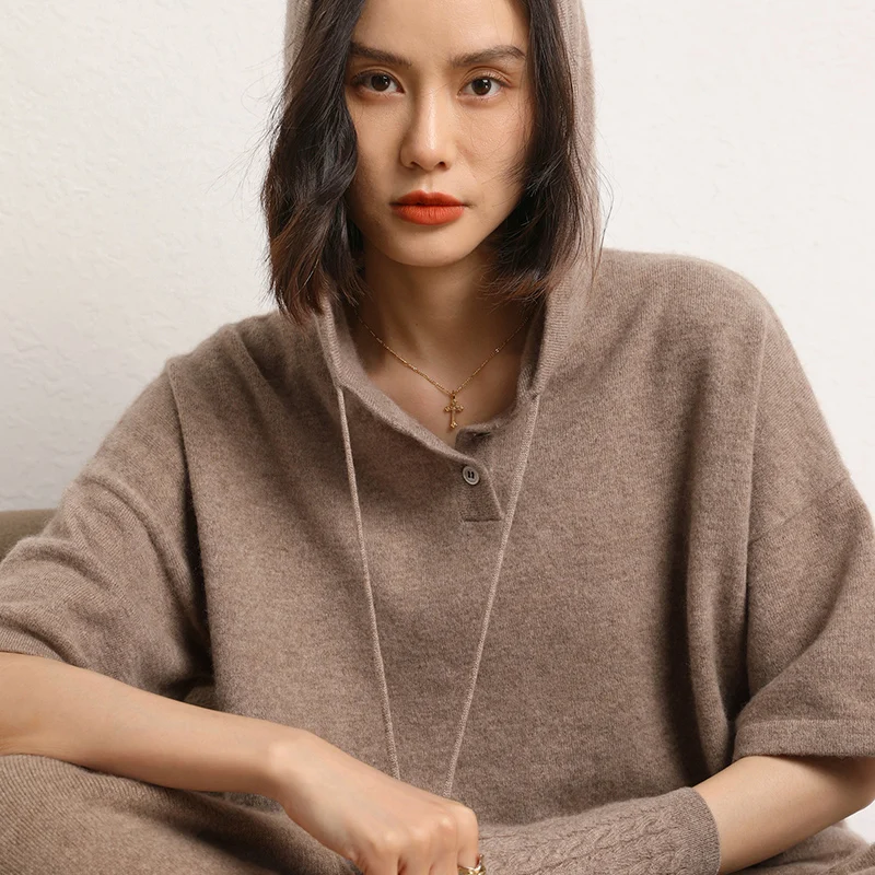 Women 100% Cashmere Sweater 2023 New Short Sleeve Knitted Pullover Hooded Pullover Shirt Girl Clothes Loose Large Size Top