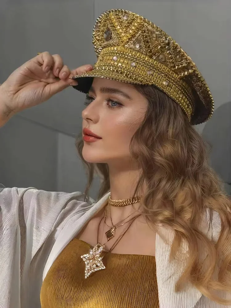 

Steampunk Captain Hat Rhinestone for Burning Man Festival Woman, Vintage Military Accessories & Cap for Man