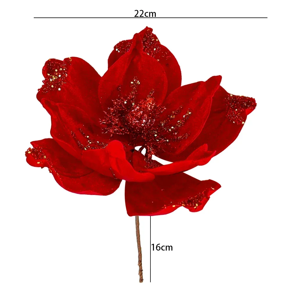 1/10 قطعة بريق اصطناعي زهور عيد الميلاد البونسيتة الحمراء شجرة عيد الميلاد معلقة حلية بريق ماغنوليا ورد صناعي حفل زفاف #6