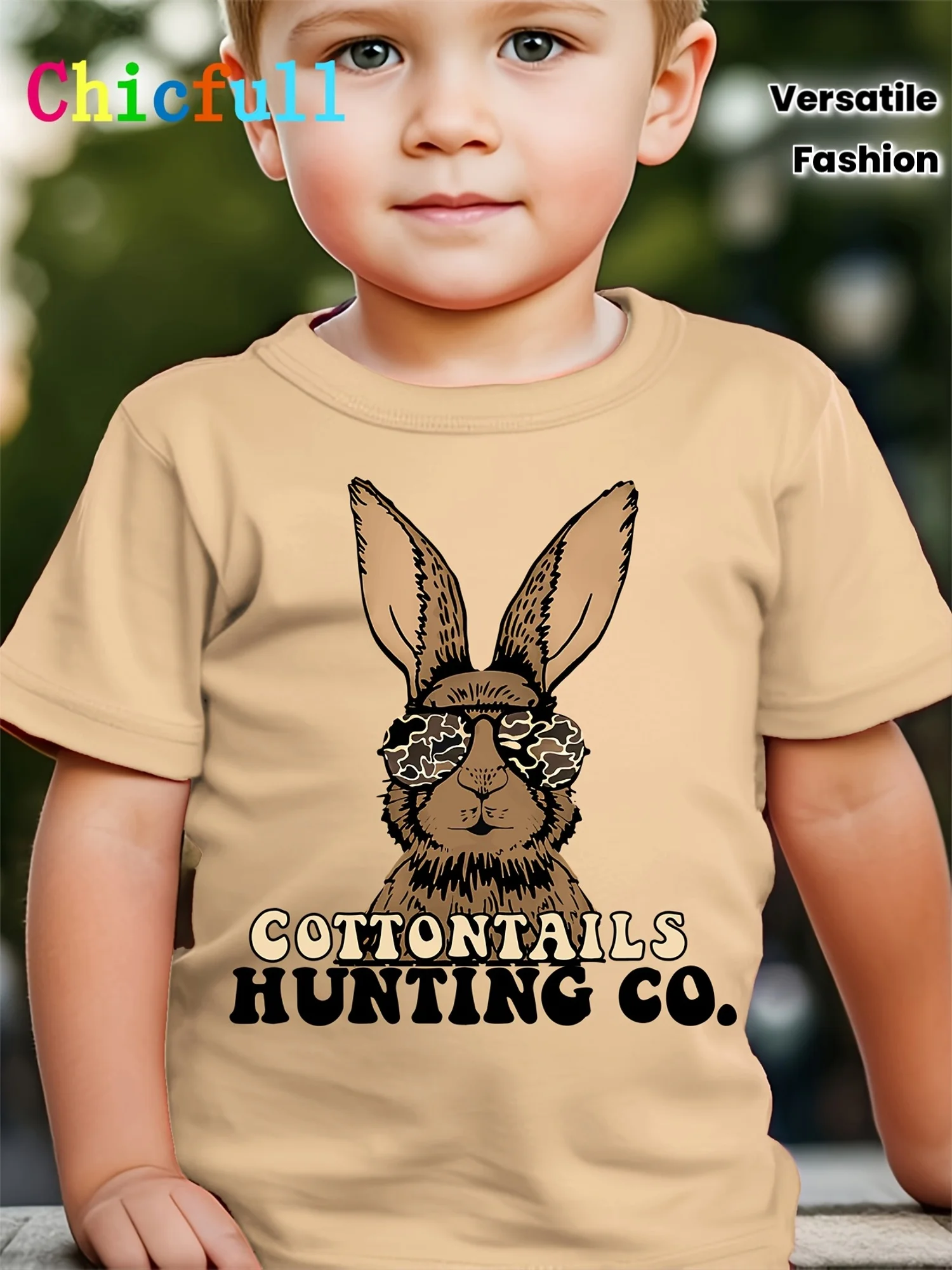 TX0849 Boys COTTONTAILS HUNTING CO. Brown Rabbit‑Print Handsome Versatile Trendy Casual T‑Shirt