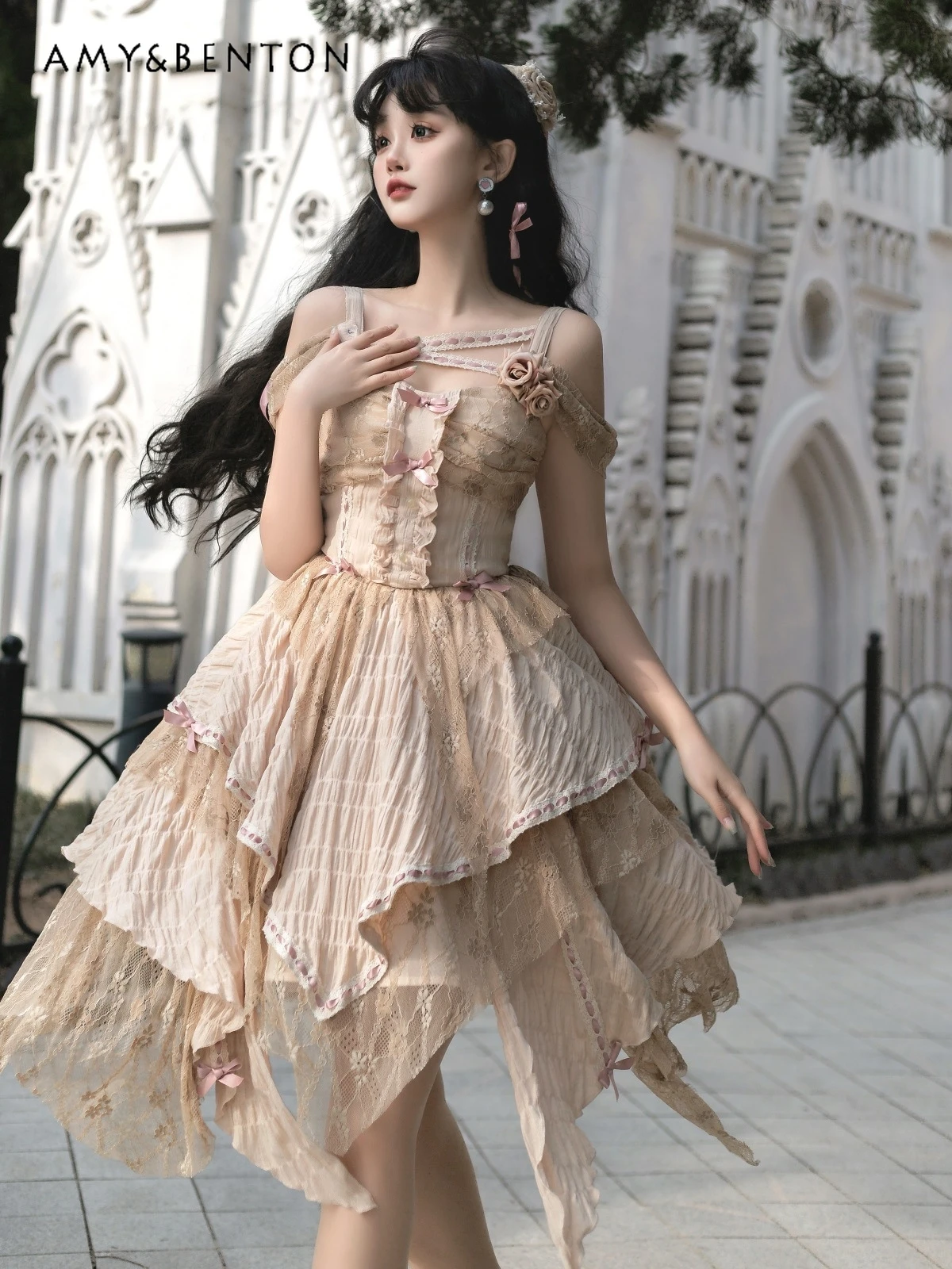 

Subculture Retro Lolita Jsk Dress Heavy Industry Three-Dimensional Rose Bow Slim Irregular Dresses Goth Off-Shoulder Mini Dress