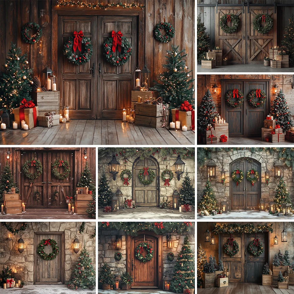 

Photography Background Christmas Tree Wreath Wooden Door Decoration Backdrop Baby Kids Xmas Holiday Party Prom Studio