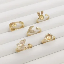 Brass 14K Gold Plated Zircon Cabochon Round Bezels Base Fish Tail Butterfly Rings Settings For Diy Jewelry Findings Accessories