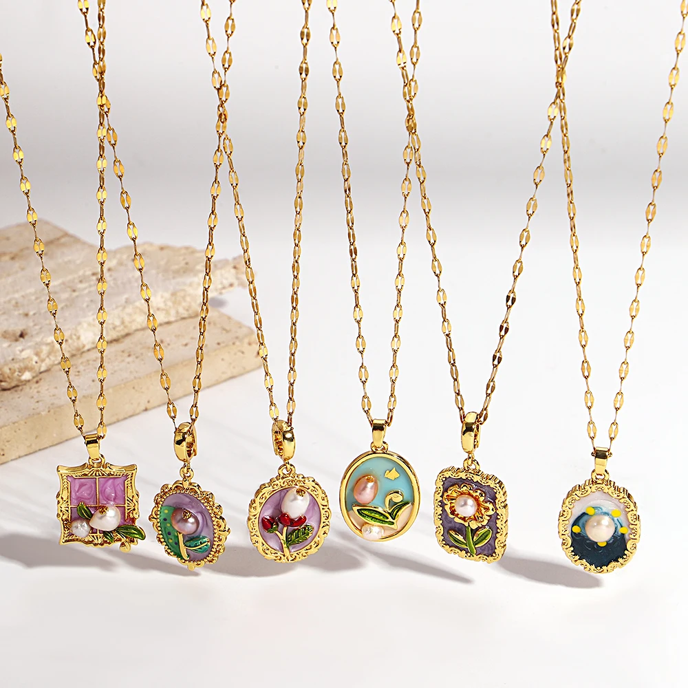 

AENSOA Enamel Drop Glaze Flower Pendant Necklace For Women Classic Copper Plated Gold Oil Drip Rhinestone Pearl Jewelry Summer